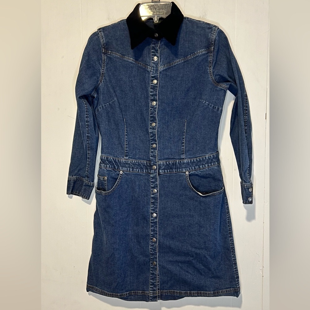 Eddie Bauer Denim Dress with Black Velvet Collar Long Sleeves Pockets 072726